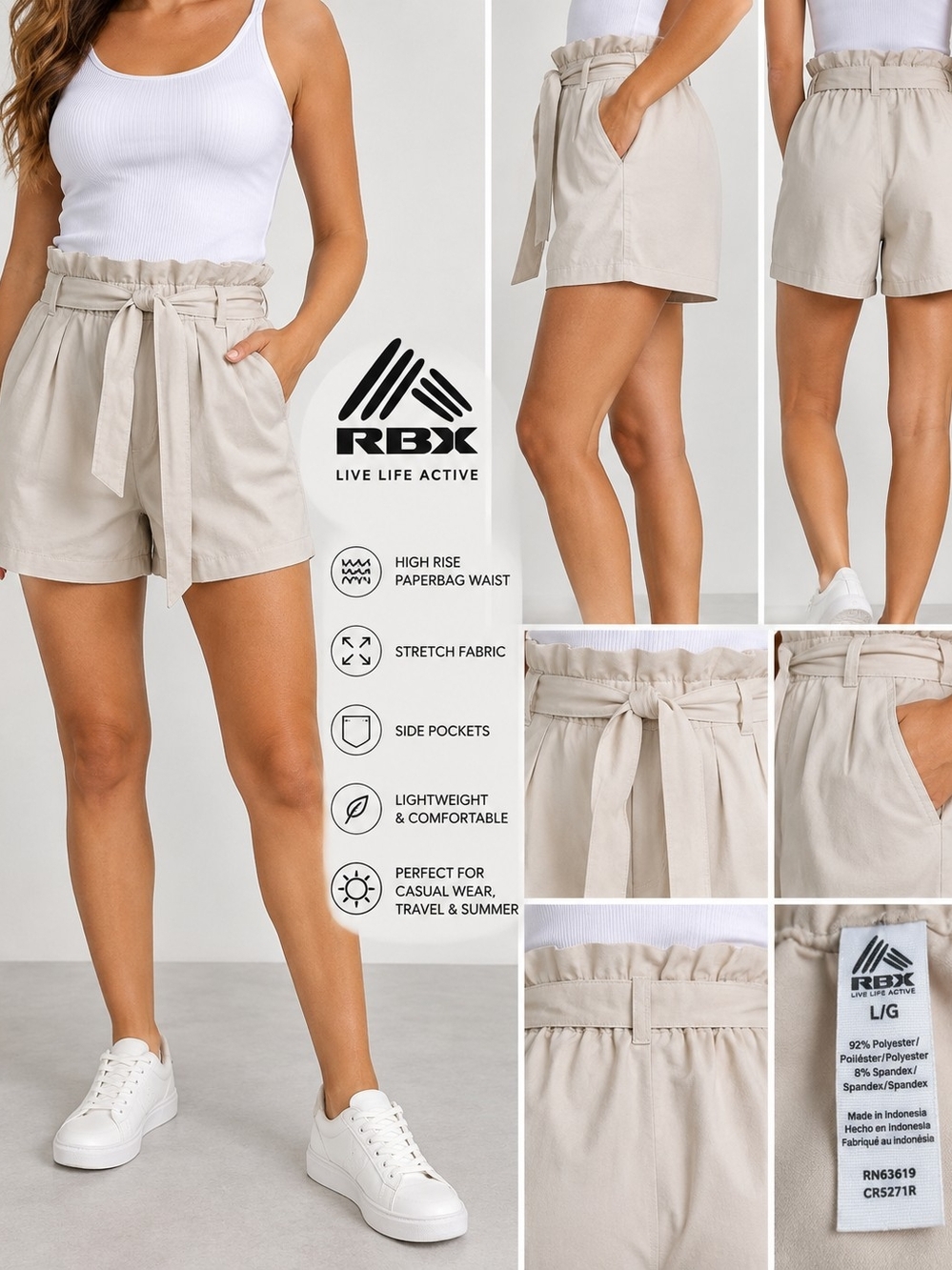 RBX High-Rise Paperbag Waist Women's Shorts - Beige